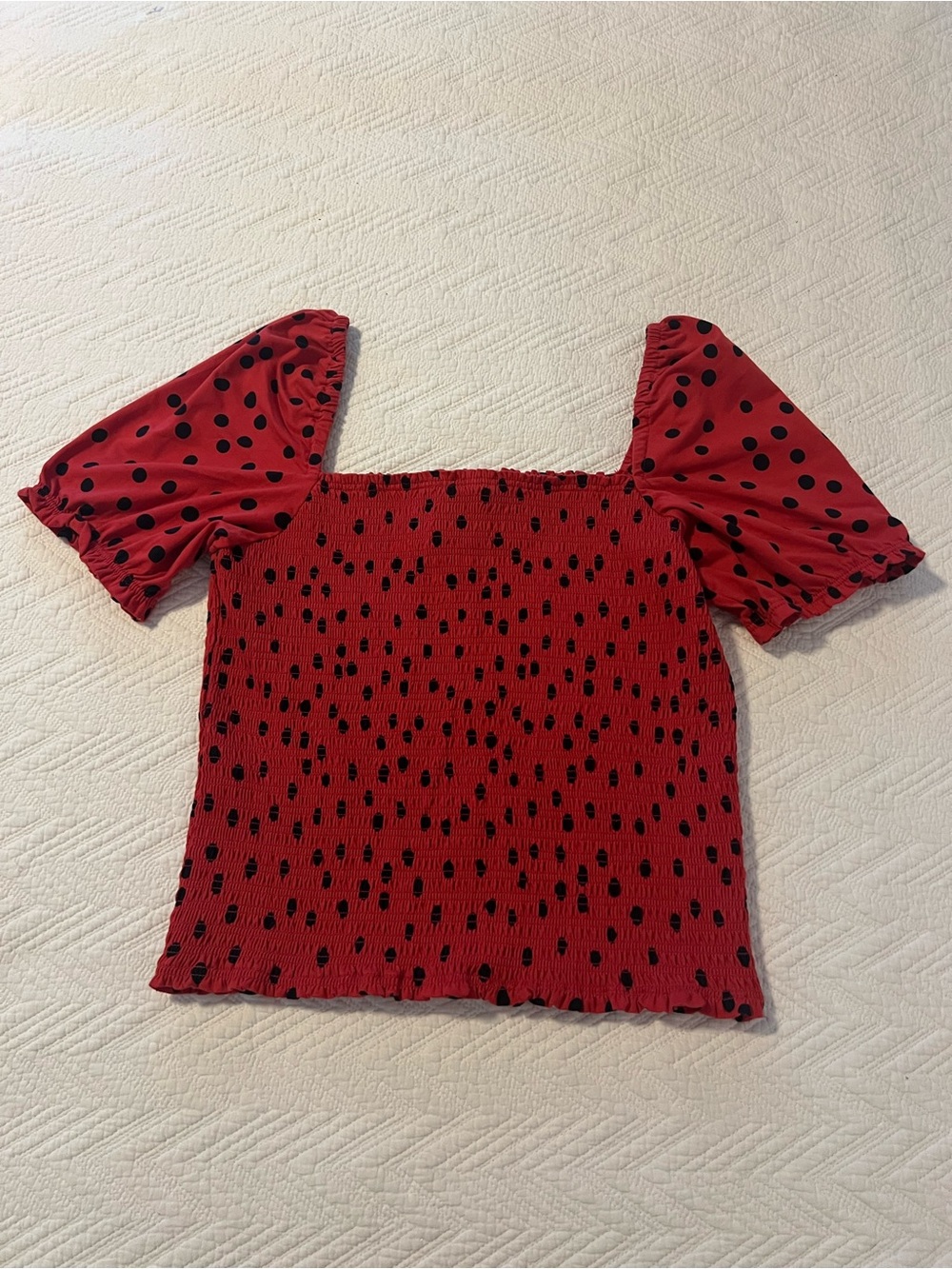 dolan Red Smocked Crop Top with Black Polka Dots and Puff Sleeves